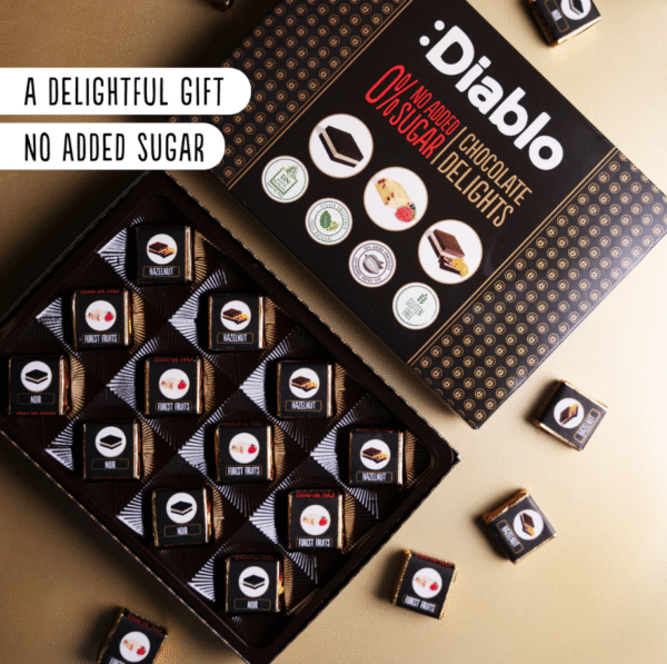 A decadent gift box of 12 individual chocolates including: 70% dark chocolate with hazelnut praline and nougat Smooth hazelnut with milk, cocoa and forest fruit White chocolate and raspberry No added sugar and sweetened with stevia