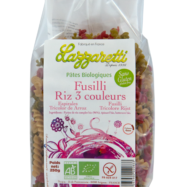 Pâtes Fusilli Riz Bio 3 couleurs, sans gluten Lazzaretti